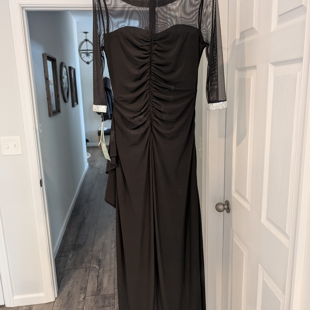 R &M CollectionElegant Black Evening Dress With Glass Crystal Accents 3/4 Sleeve
